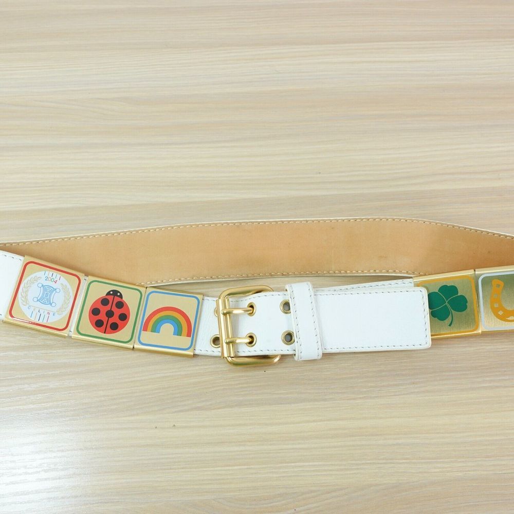 CELINE Belt 80 32 Small Western Equestrian Rugby Gold Buckle Logo RARE 2004 Y2K - Picture 5 of 16